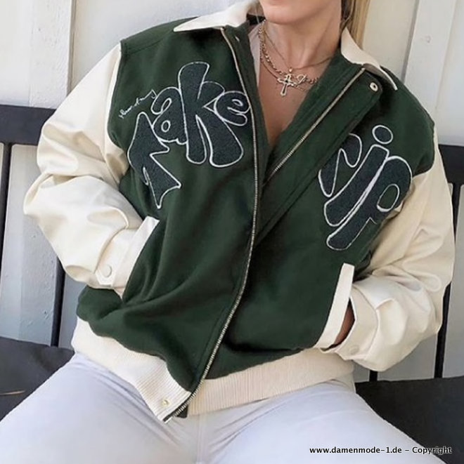 Baseball Style Patch Damen Jacke Grün&nbsp;Weiß