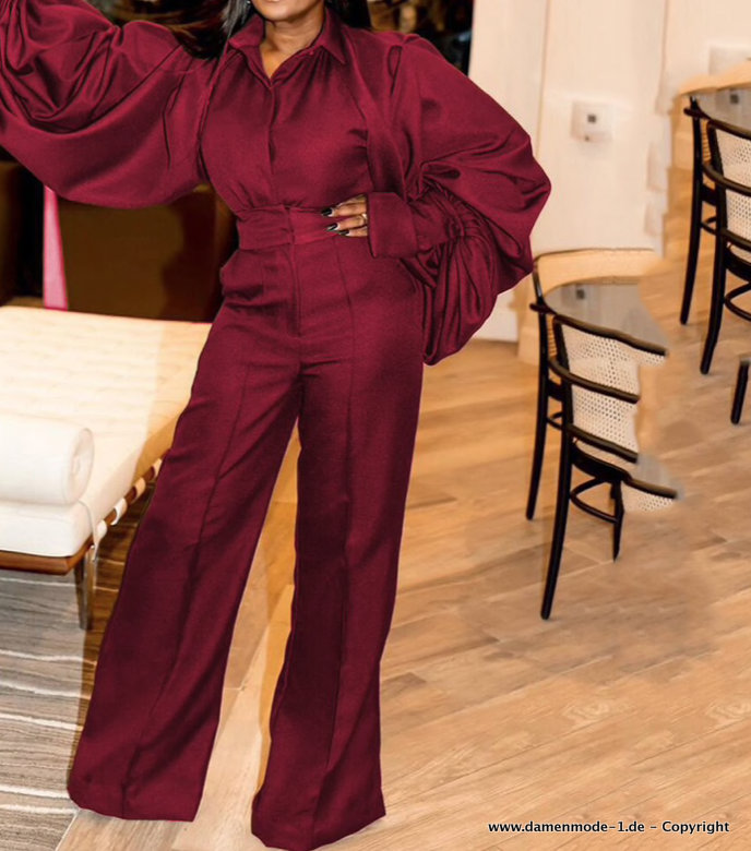 Eleganter Langer Jumpsuit Einteiler in Weinrot mit&nbsp;Laternenärmel