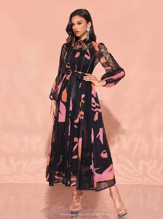 A Linie Langarm Vintage Style Maxi Kleid Elegant für Hochzeitsgäste in Schwarz mit&nbsp;Muster