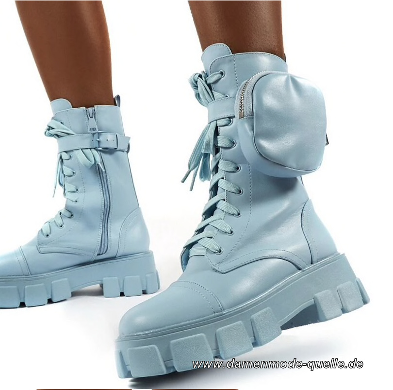 Dicke PU Leder Damen Stiefeletten in Hellblau mit Tasche 