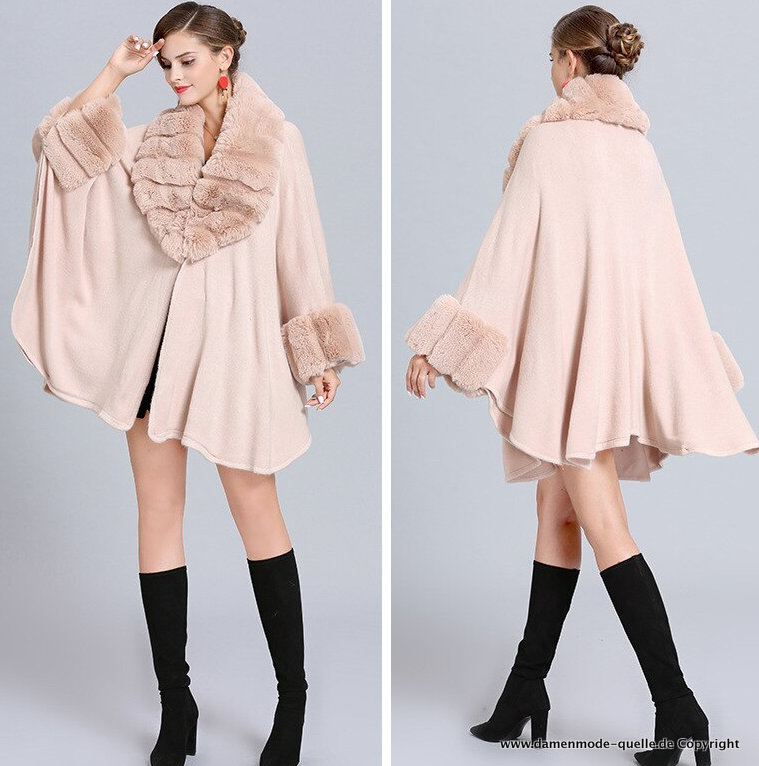 Elegantes Damen Poncho Capes mit Kunstpelz Krage in&nbsp;Champagne