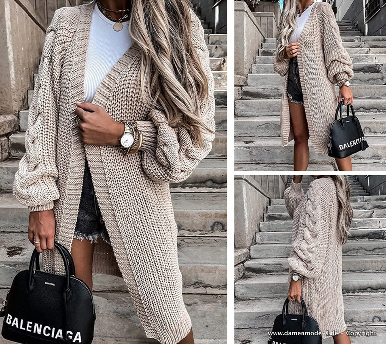 Lange Strickjacke mit Twist Ärmel in Creme&nbsp;Beige