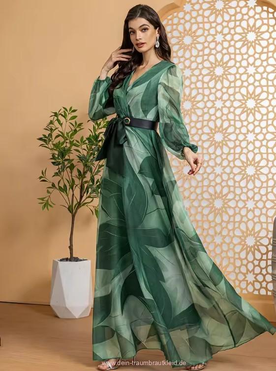 A Linie Langarm Chiffon Kleid Elegant für Hochzeitsgäste in Grün mit&nbsp;Muster