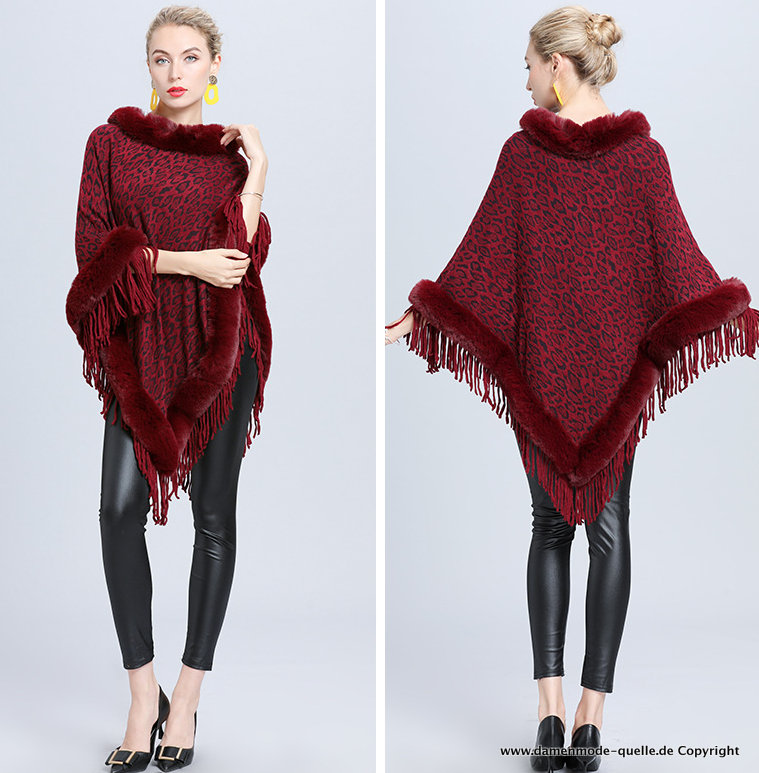 Leoparden Print Damen Poncho in Rot Weinrot&nbsp;Dunkelrot