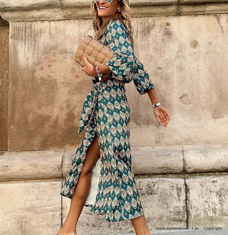 Damenoutfit Elegant in Grün mit Retro Muster Rock mit Bluse im&nbsp;Set