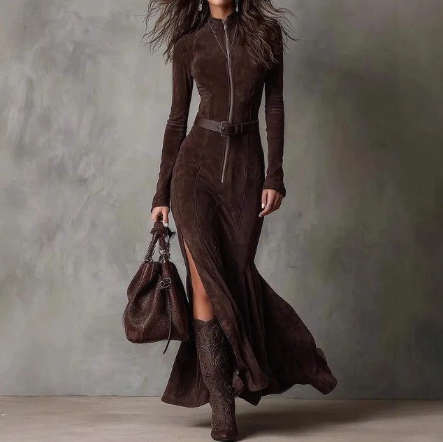 A-Linie Langarm Wildleder Stil Kleid Elegant in&nbsp;Braun