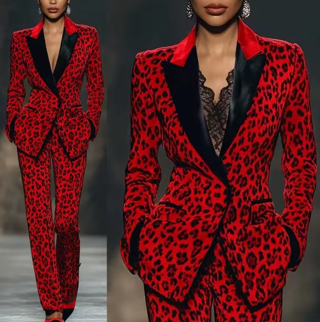 Eleganter Hosenanzug Friedegard in Rot Schwarz mit Leoparden&nbsp;Muster