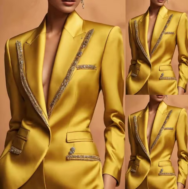 Festlicher Satin Hosenanzug Friede in Gelb mit&nbsp;Applikationen