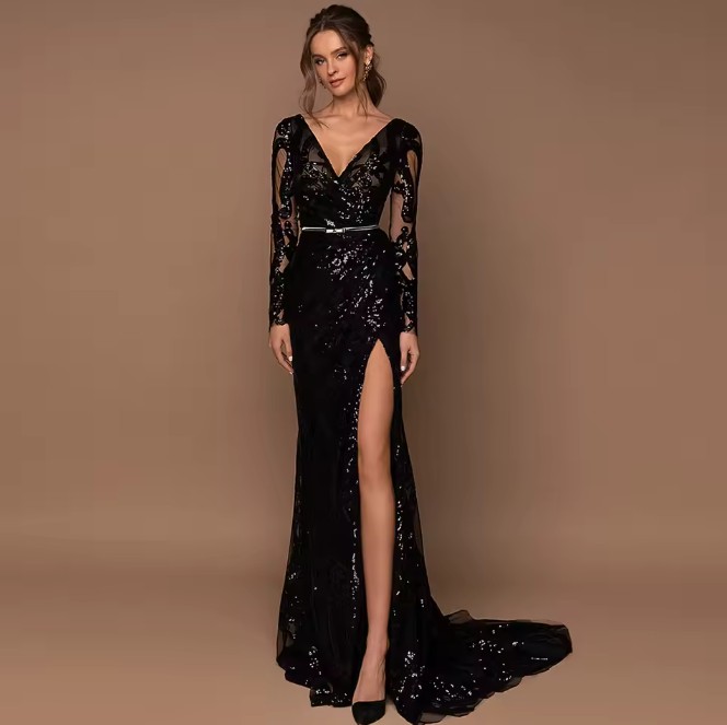 Langarm I Linie Kleid Jette für Hochzeitsgäste in Schwarz mit Sexy&nbsp;Schlitz