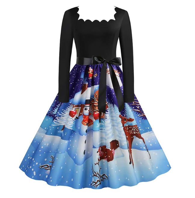 Langarm Vintage-Weihnachtskleid Enna Schwarz Blau mit&nbsp;Motive