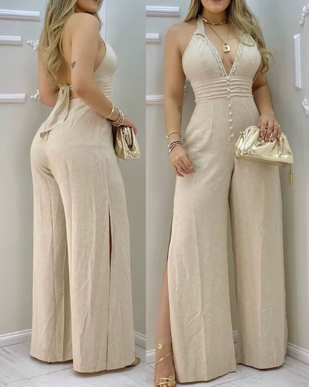 Neckholder Träger Overall Jampsuit Esmé für die Braut in Beige&nbsp;Creme