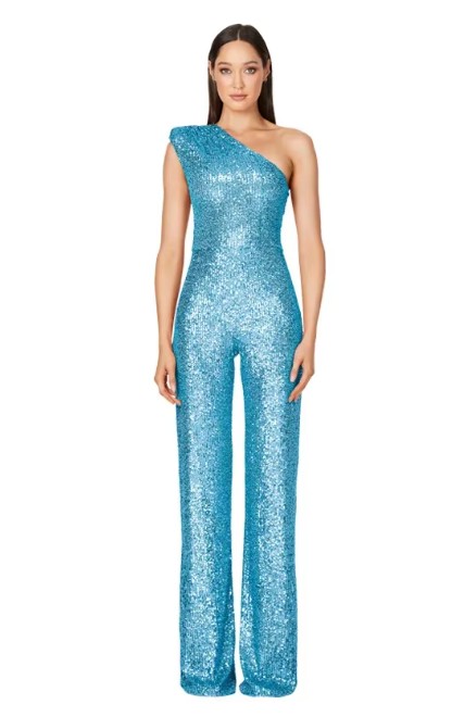 One Shoulder Glitzer Einteiler Jumpsuit Elegant und Festlich in&nbsp;Hellblau