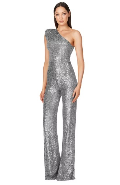 One Shoulder Glitzer Einteiler Jumpsuit Elegant und Festlich in&nbsp;Silber