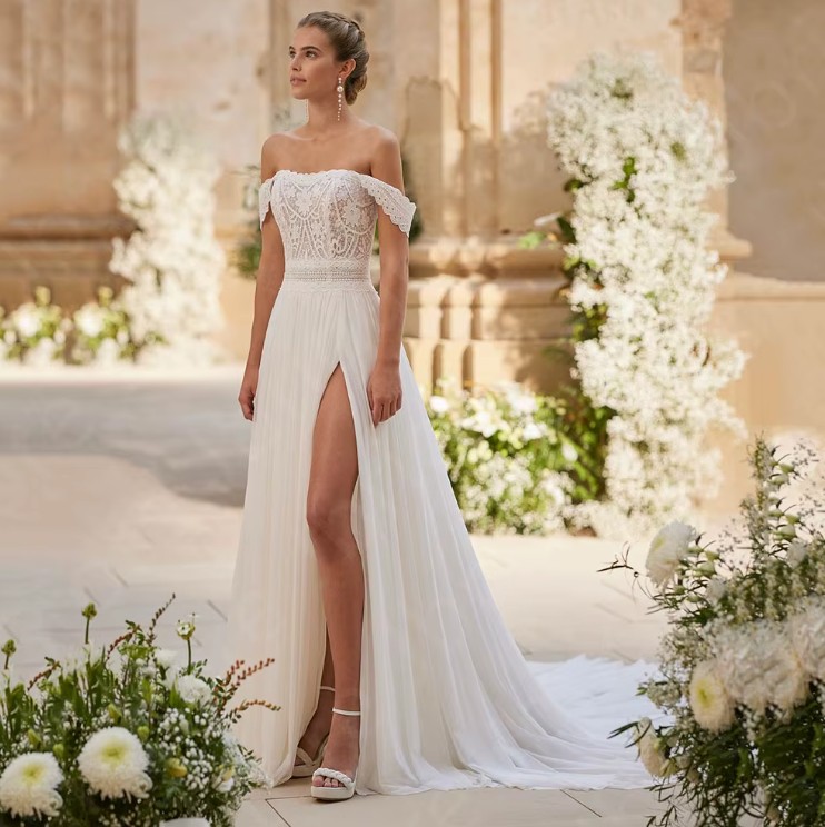 Schulterfreies Brautkleid Elele mit Spitze Lingerie Oberteil und&nbsp;Schlitz