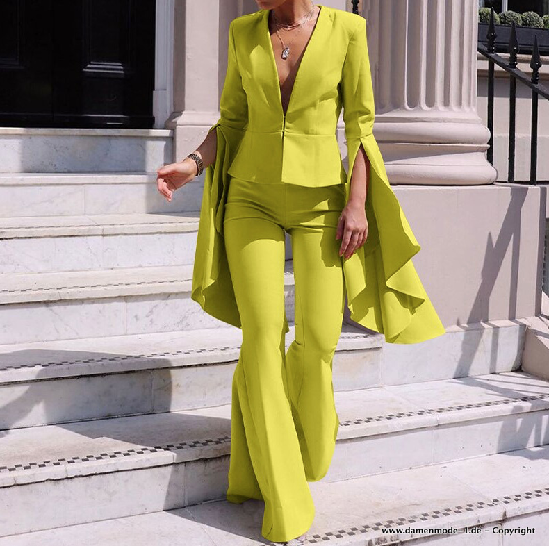 Damen Hosenanzug mit Laternenärmel und Sexy V-Ausschnitt&nbsp;Gelb