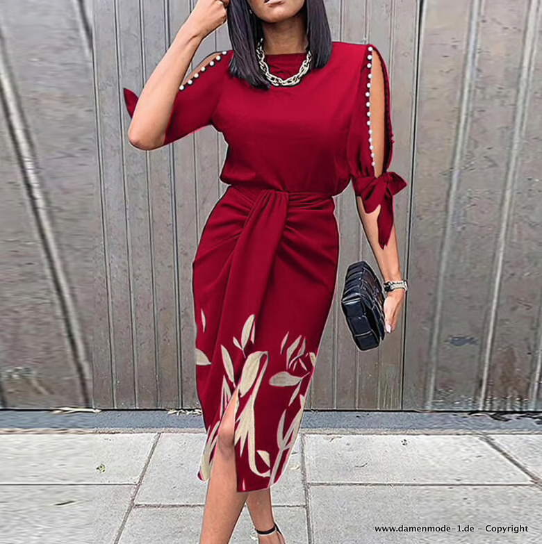 Elegantes Cut Out Kleid in Rot mit Perlen und Blumenmuster&nbsp;Wadenlang