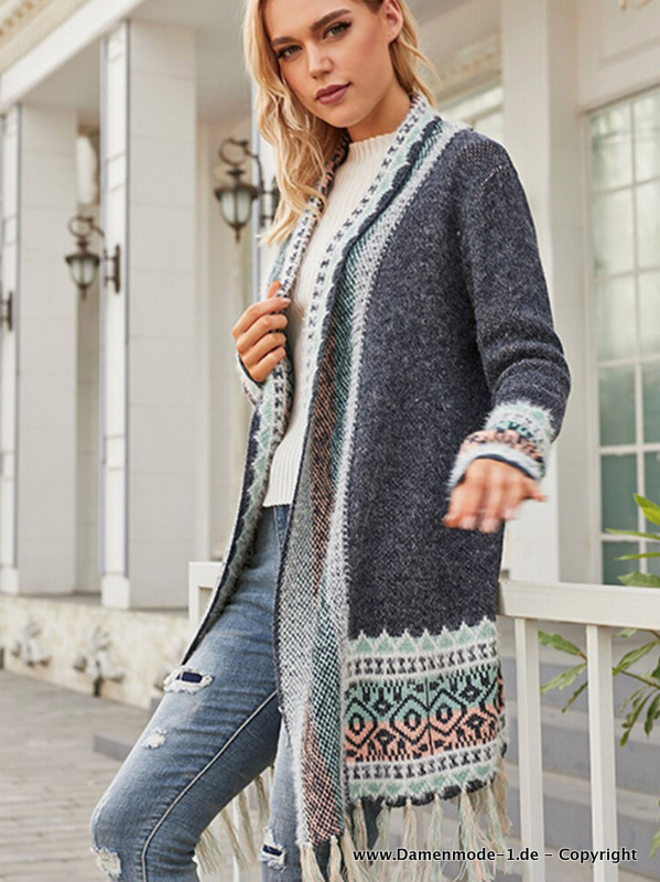 Damen Strickjacke in Blau mit Fransen&nbsp;Lang