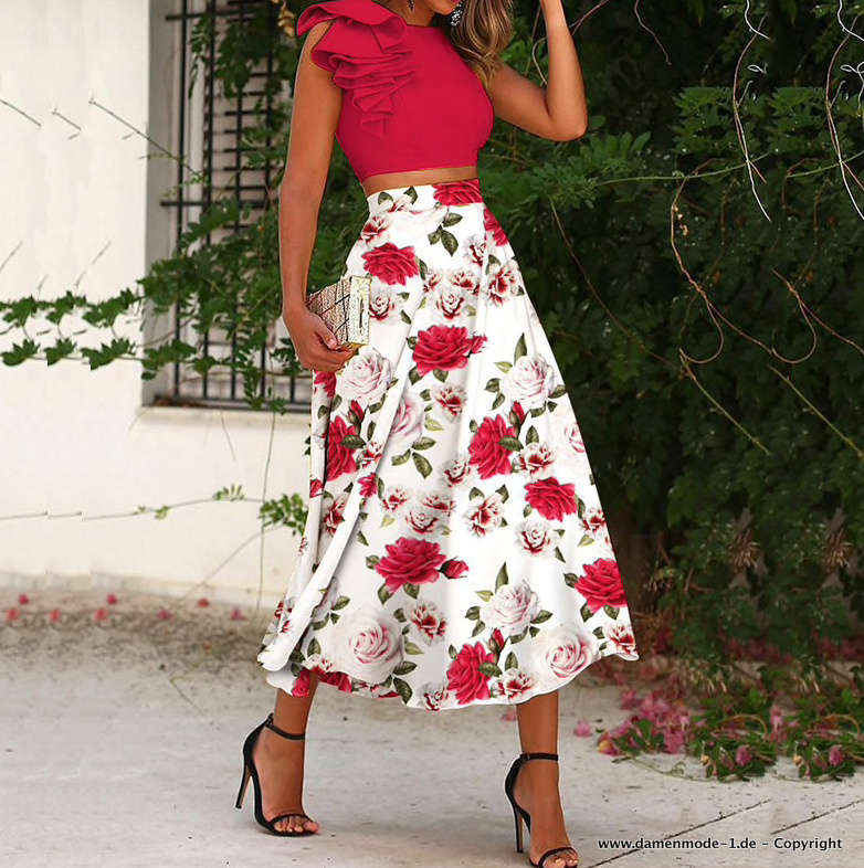 Sommer Set Outfit in Rot mit&nbsp;Blumenmuster