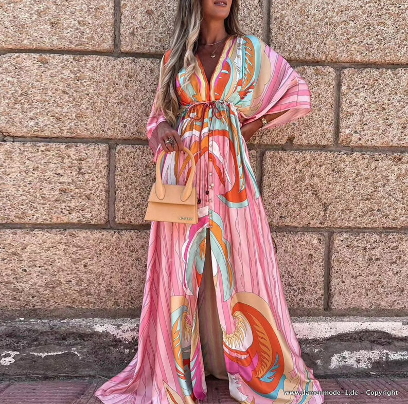 Sommer Maxikleid Strandkleid in Rosa mit Print