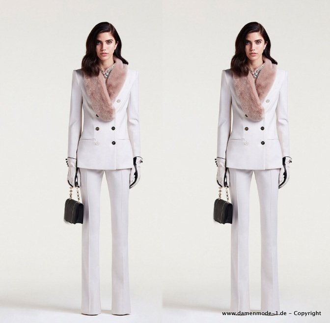Warmer Winter Hosenanzug Elegant in Weiß mit&nbsp;Kunstpelzkragen