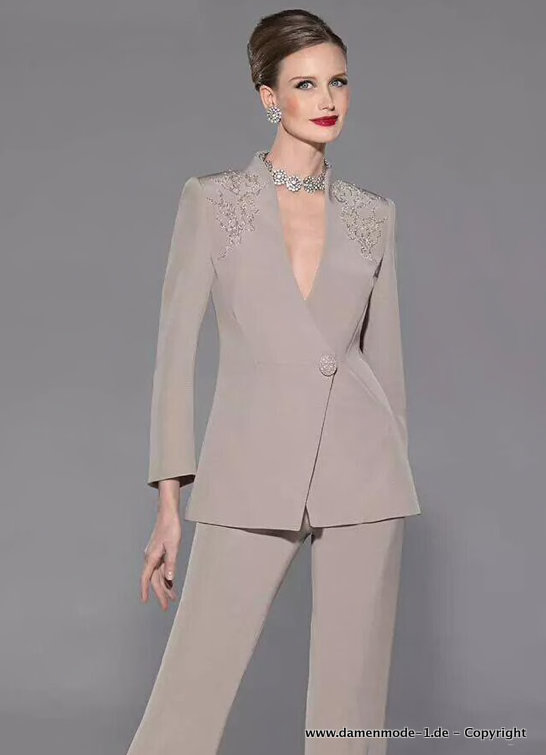 Damen Hosenanzug Elegant in Beige mit&nbsp;Stickereien