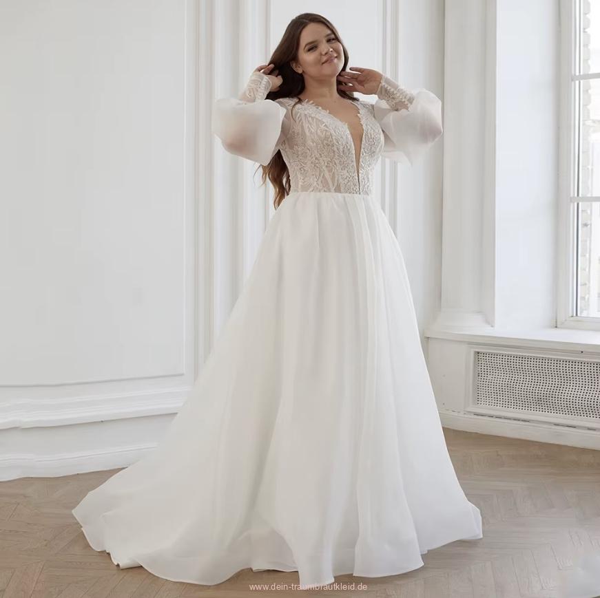 A Linie Brautkleid Friderike mit Chiffon Ärmel Spitze und V&nbsp;Ausschnitt