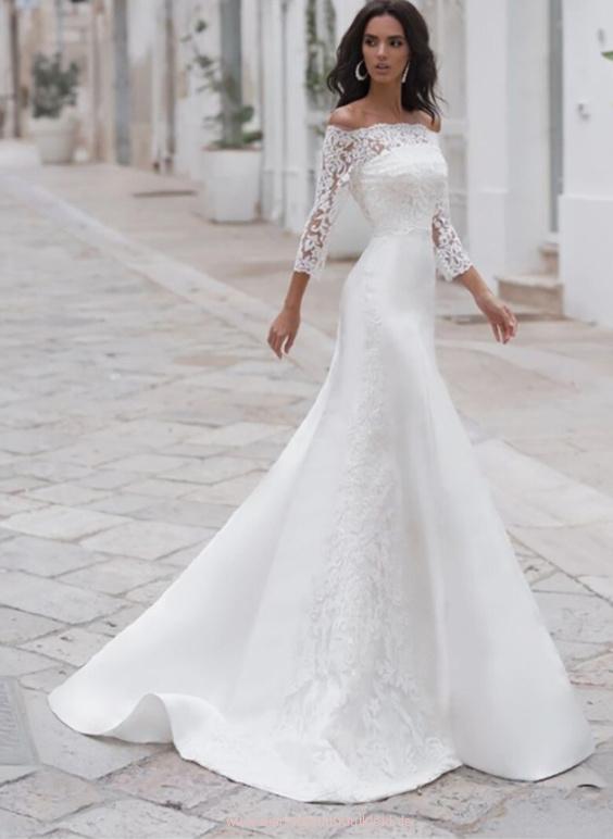 Fit and Flare Brautkleid Fenja Schulterfrei mit Spitze&nbsp;Ärmel