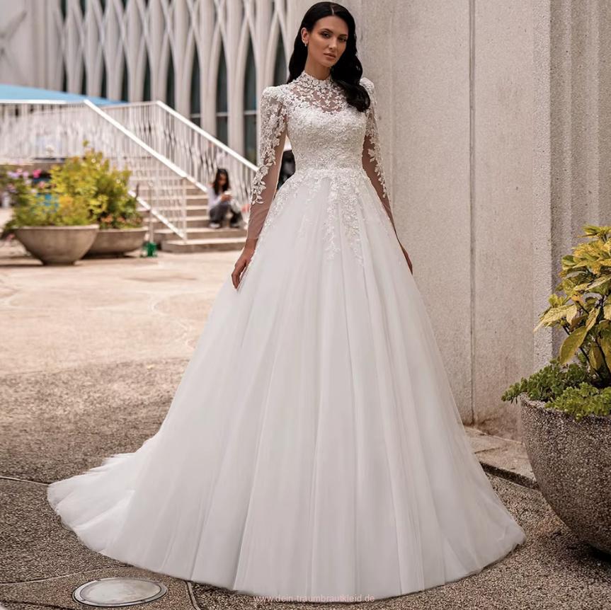 A Linie Langarm Brautkleid Fedora mit Ärmeln aus Sitze&nbsp;Hochgeschlossen