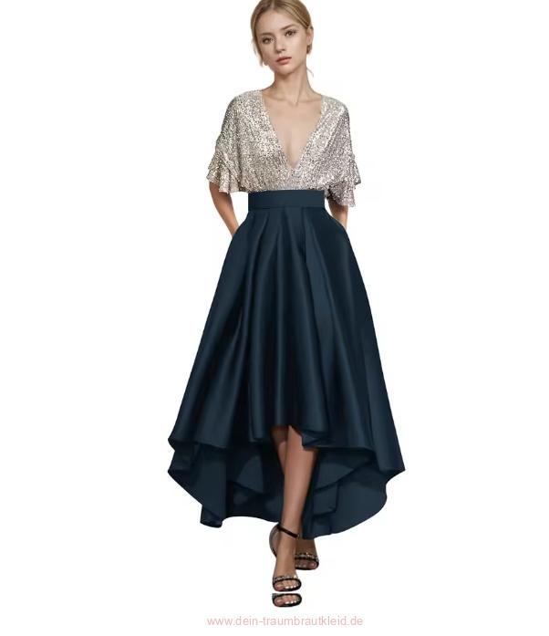 Satin Glitzer Kleid Christel Elegant für Hochzeitsgäste in Marineblau Vorne Kurz Hinten&nbsp;Lang