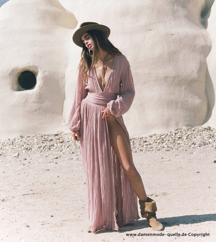 Baumwolle Sommer Maxikleid in Lachs mit Sexy V Ausschnitt