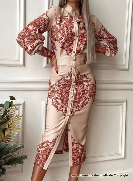 Vintage Einreiher Bodycon Langarmkleid in Beige