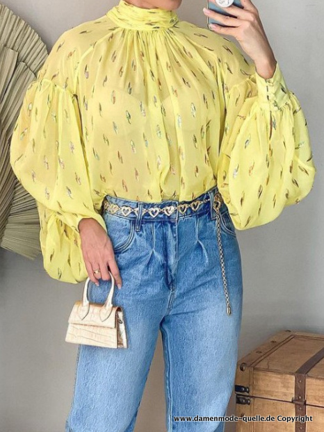 Chiffon langarm Bluse mit Laternen Ärmel in&nbsp;Gelb