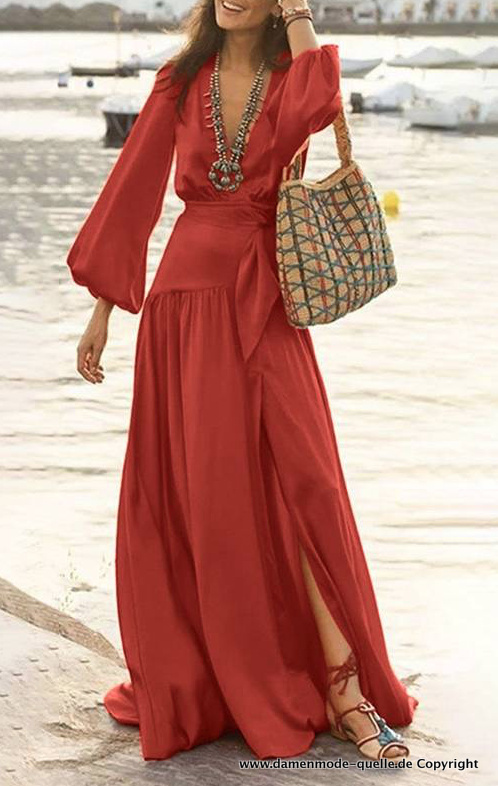 Maxi Sommerkleid lang mit V Ausschnitt in Orangerot