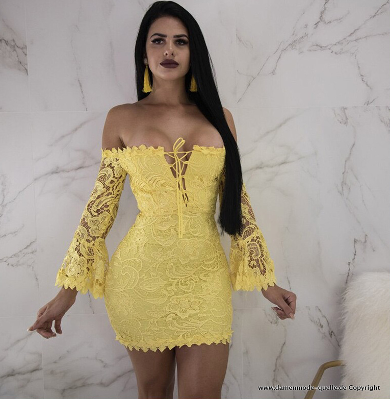 Sexy Bleistift Mini Sommerkleid aus Spitze in Gelb