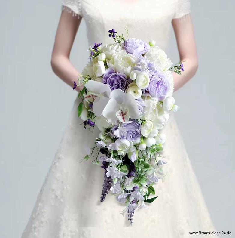 Wasserfall Hochzeit Bouquet Brautstrauß Estella Lila Weiß mit Pfingstrosen und&nbsp;Orchidee