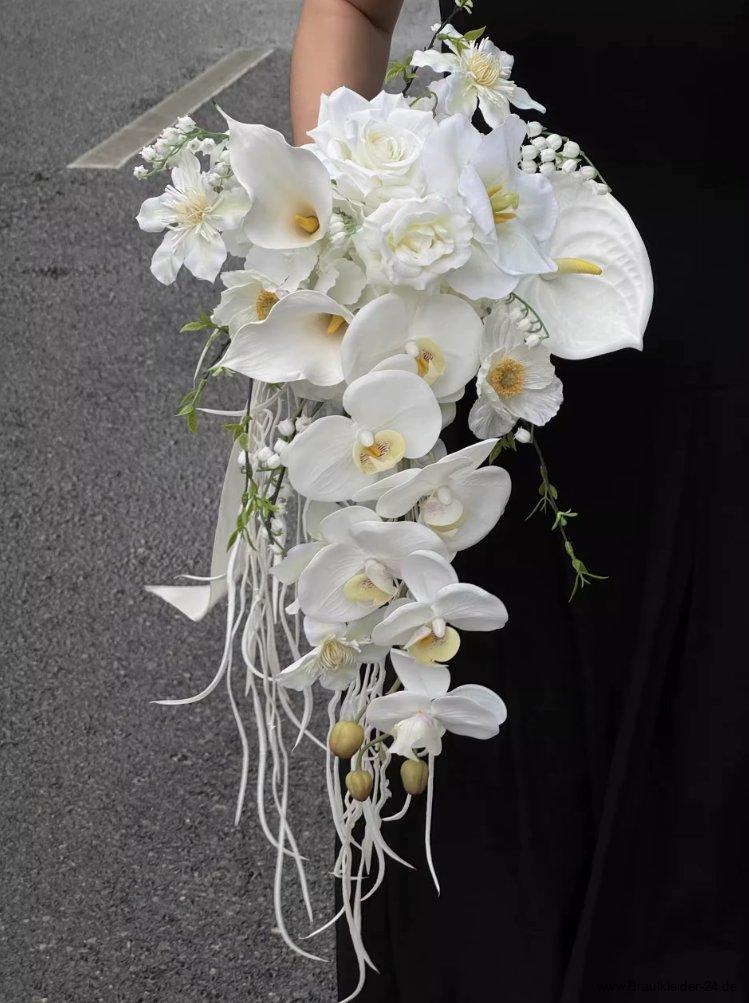 Wasserfall Hochzeit Bouquet Brautstrauß Eileen Weiß mit Orchideen und&nbsp;Calla