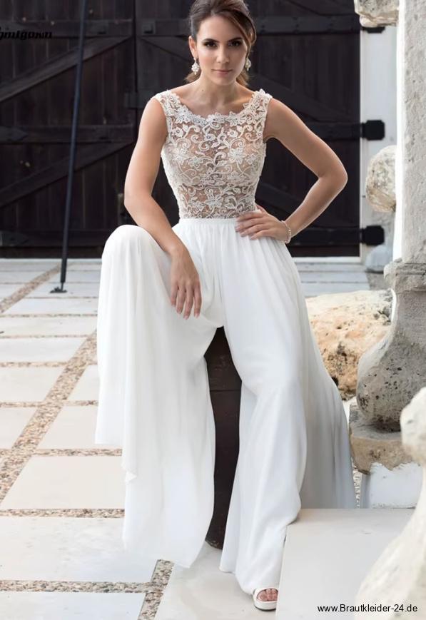 A Linie Braut Overall Einteiler für den Standesamt Elise mit Lingerie Oberteil und Spitze&nbsp;Ärmellos