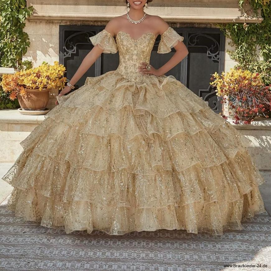 Schulterfreies Ball Linie Prinzessin Brautkleid Emelie Champagne mit Rüschen Pailletten Perlen und&nbsp;Stickereien