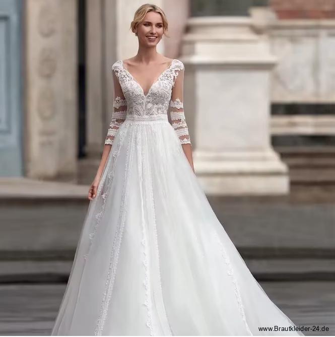 Elegantes A Linie Brautkleid Felizitas mit Dreiviertel Arm und Spitzen&nbsp;Ausschnit