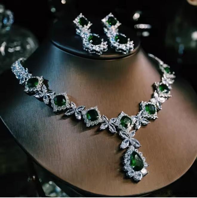 Kristall Brautschmuck Set Fabiola Halskette mit Ohrringe im Set Smaragd Grün&nbsp;Silber
