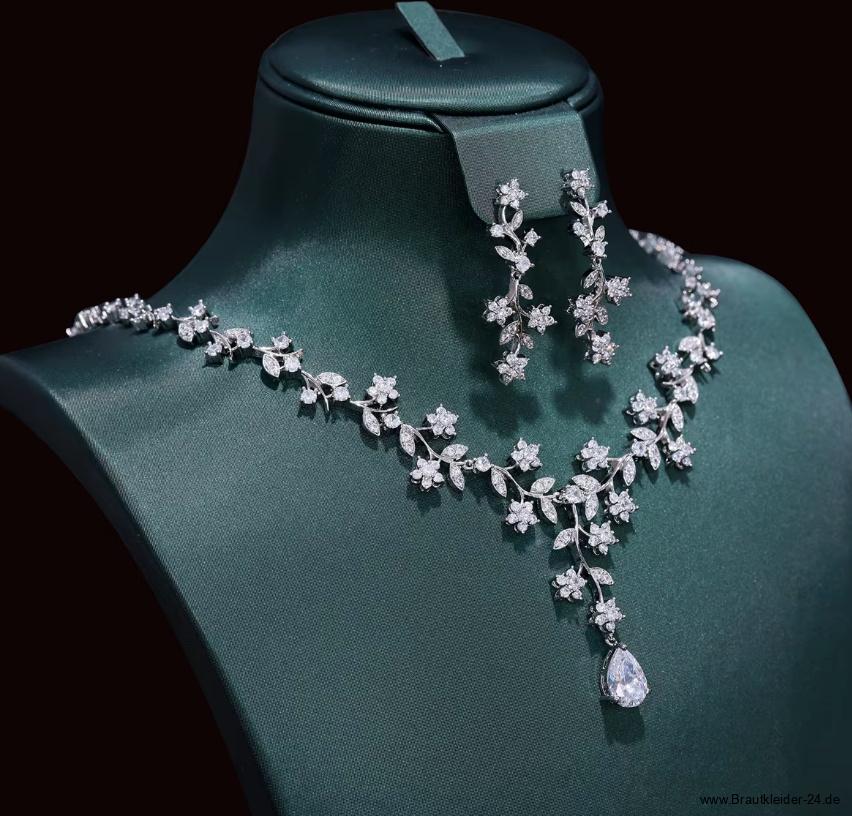 Blumen Brautschmuck Set Flavia Silber Halskette mit Ohrringe