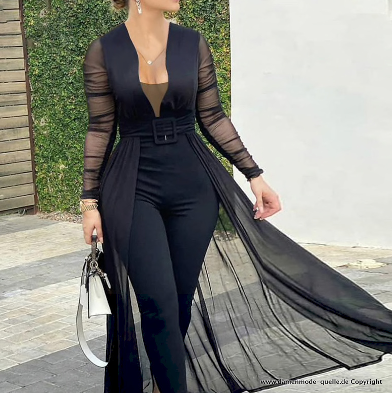 Elegantes Patchwork Langarm Jumpsuit Einteiler in Schwarz mit Tüll&nbsp;Rock