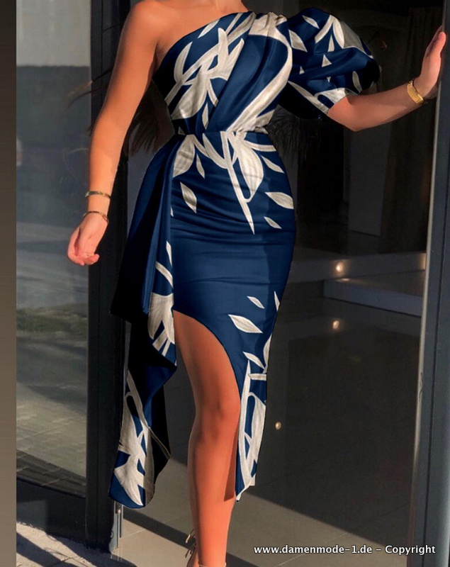 One Shoulder Cut Out Kleid Elegant in Blau mit&nbsp;Puffärmel