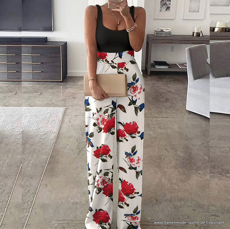 Sommer Jumpsuit Overall Einteiler Elegant in Schwarz Weiß mit&nbsp;Rosen
