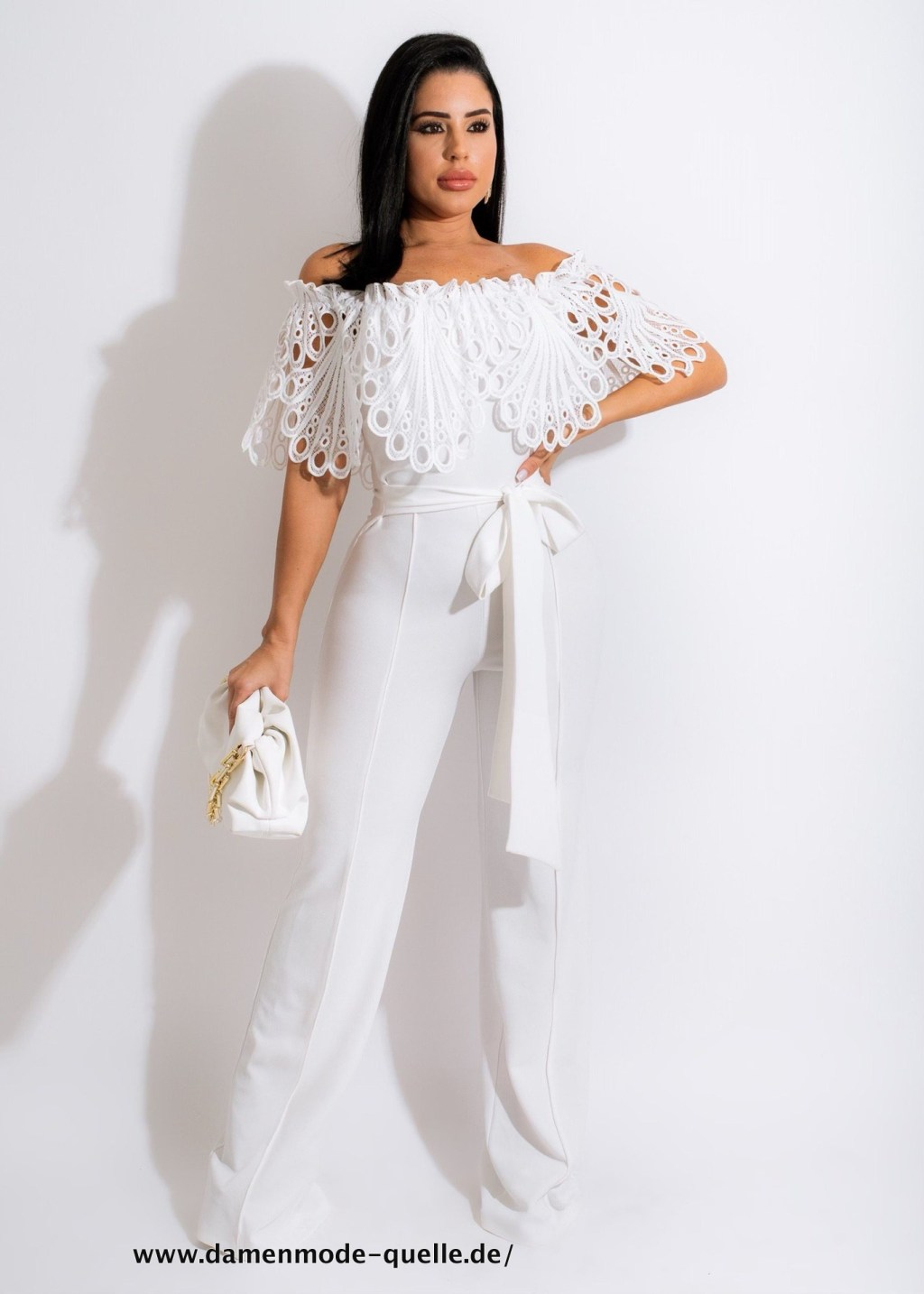 Vintage Damen V-Ausschnitt mit Gürtel Jumpsuit&nbsp;weiß