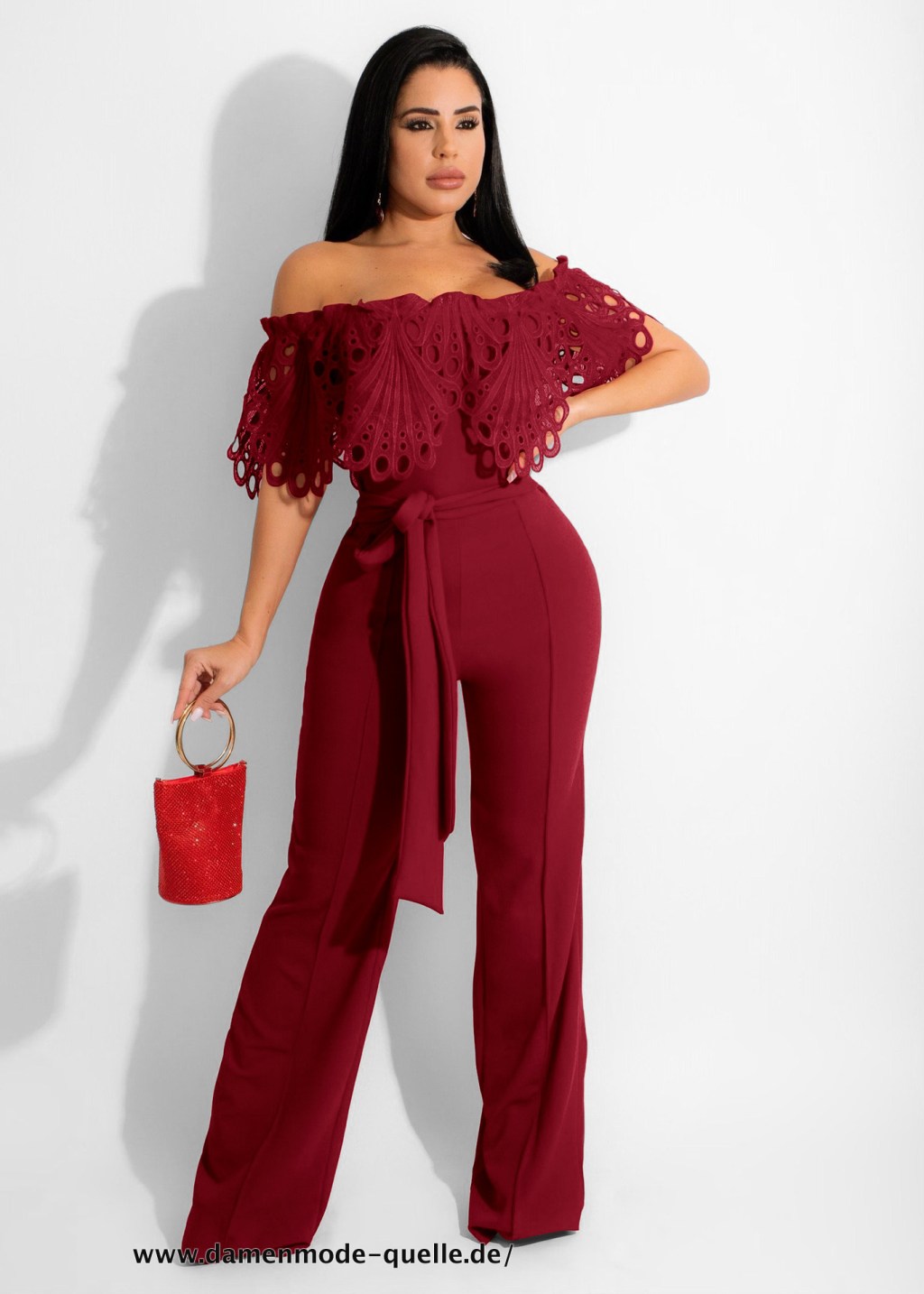 Vintage Damen V-Ausschnitt mit Gürtel Jumpsuit&nbsp;Dunkelrot