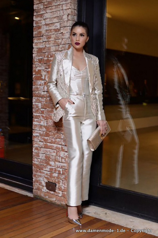 Luxus Kristall Perlen Hosenanzug in&nbsp;Silber