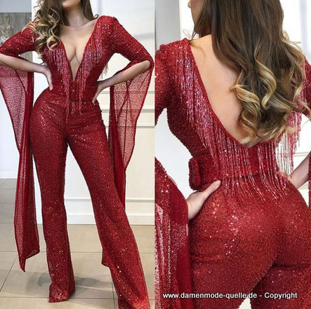 Sexy Pailletten Jumpsuit Einteiler Elegant in Rot 