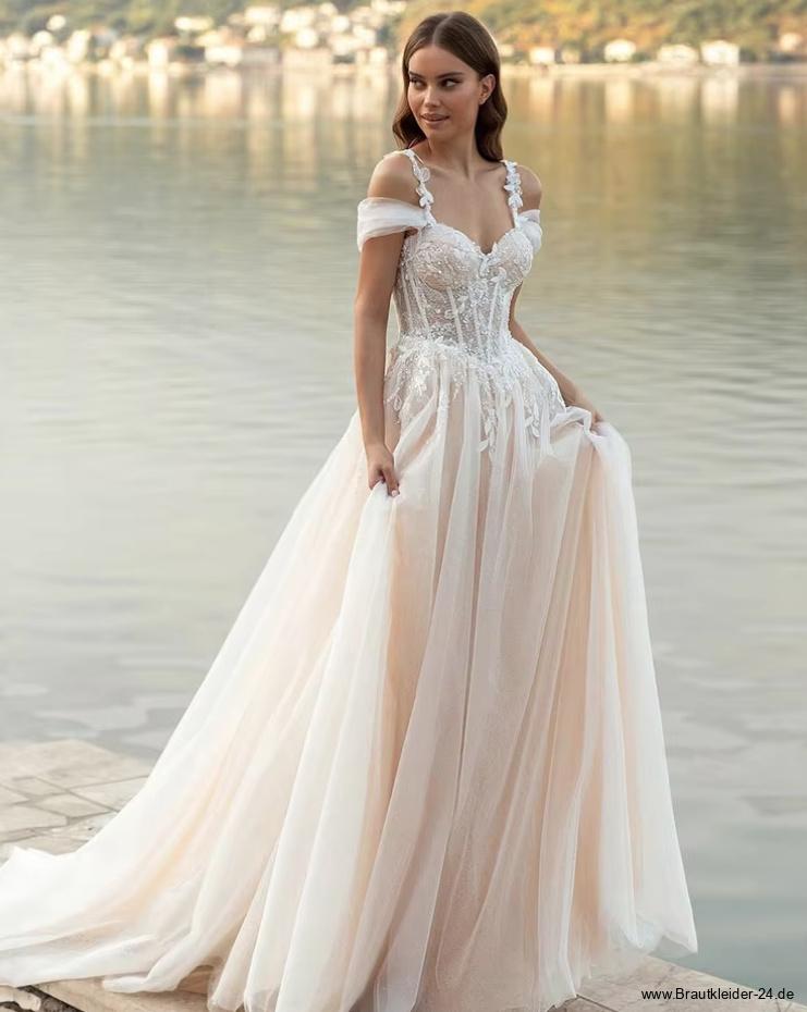 A Linie Luxus Boho Brautkleid Ela mit Lingerie Oberteil Blumen Spitze und&nbsp;Tüll