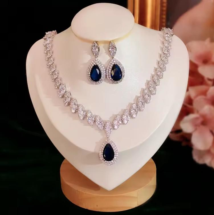 Kristall Brautschmuck Set Femke Halskette mit Ohrringe Silber&nbsp;Blau